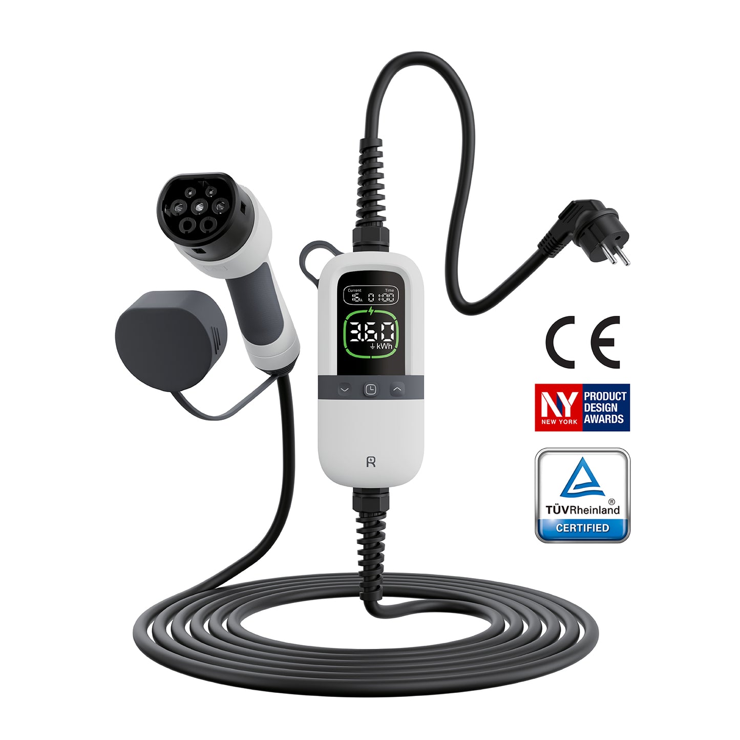 RHEIDON Tragbares EV Ladegerät 3.6kW Typ 2, 7.5m Kabel, IP65, Schuko-Stecker